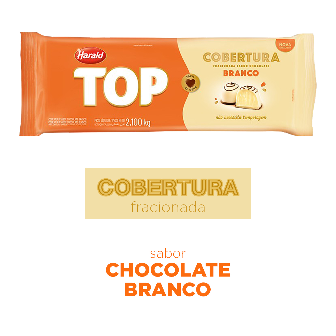Cobertura de Chocolate em Barra Harald Top Branco 2,1kg
