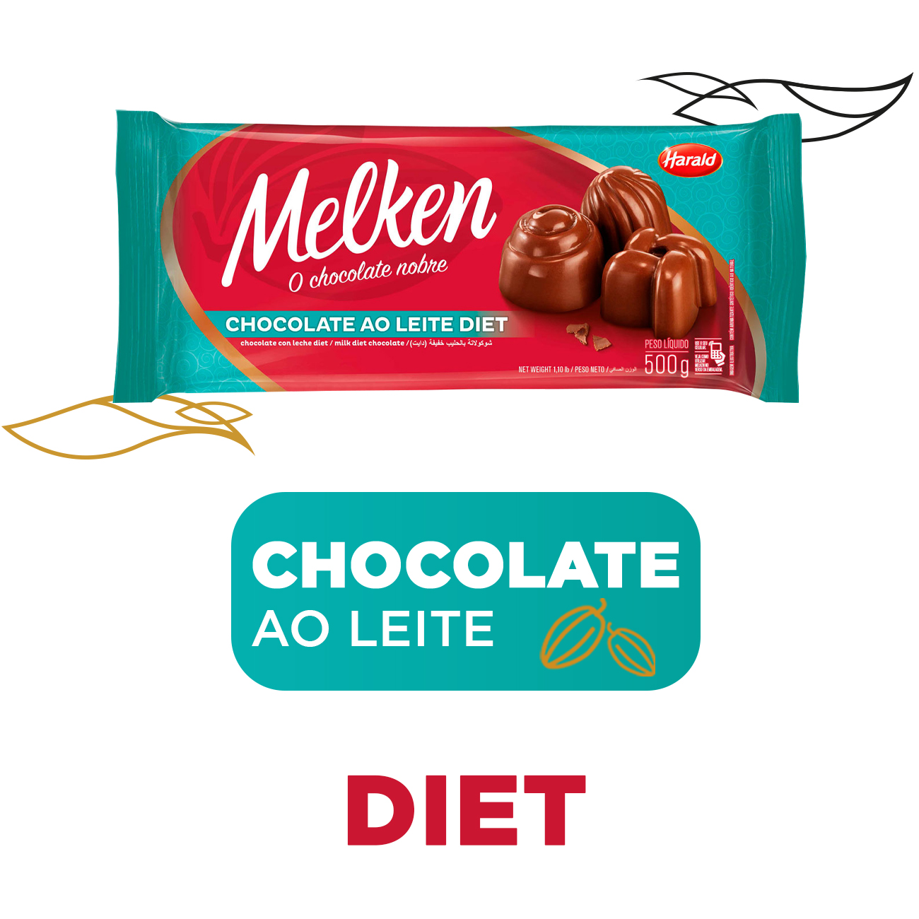 Cobertura de Chocolate em Barra Harald Melken Diet ao Leite 500g