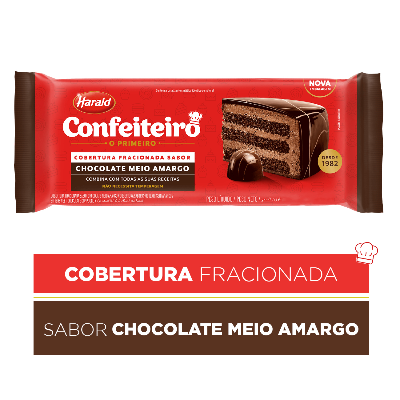 Cobertura de Chocolate em Barra Harald Confeiteiro Fracionada Meio Amargo 2,1kg
