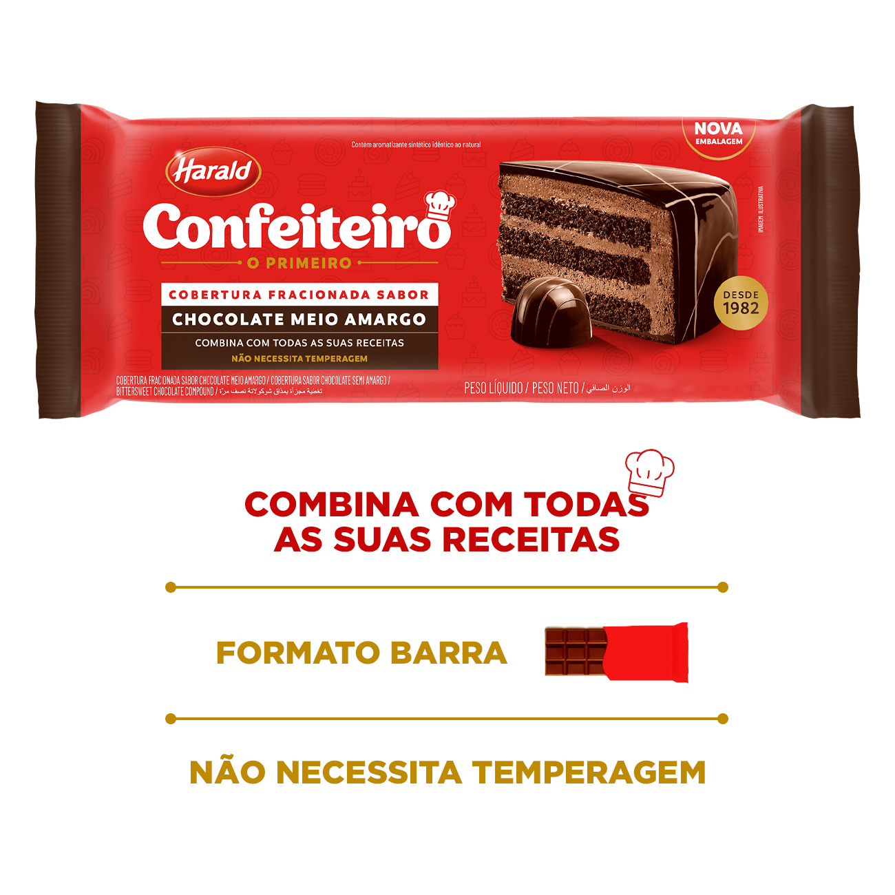 Cobertura de Chocolate em Barra Harald Confeiteiro Fracionada Meio Amargo 2,1kg