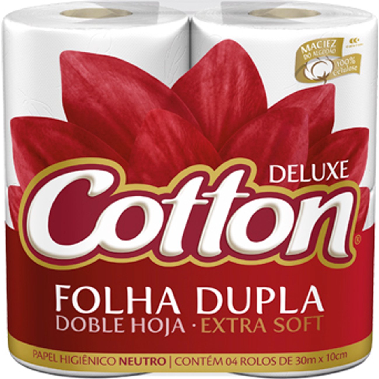 Papel Higiênico Cotton Deluxe Folha Dupla Neutro 30M Com 4 Unidades