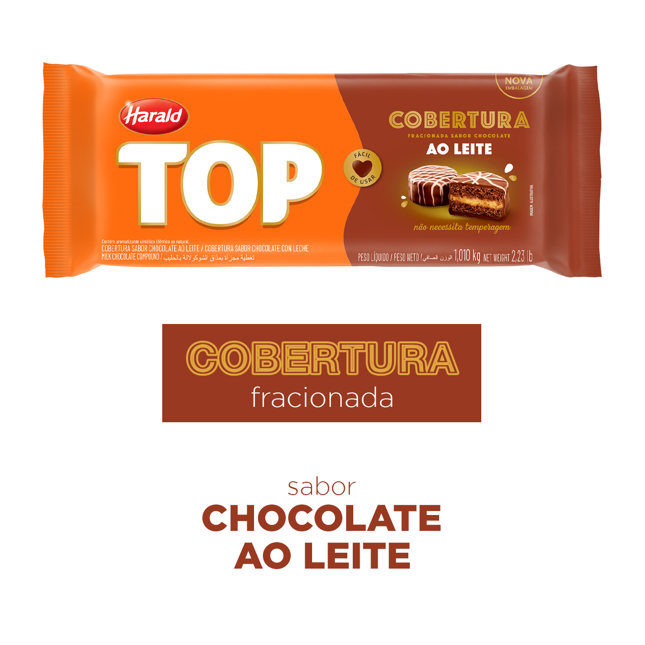 Cobertura de Chocolate em Barra Harald Top ao Leite 1,01kg