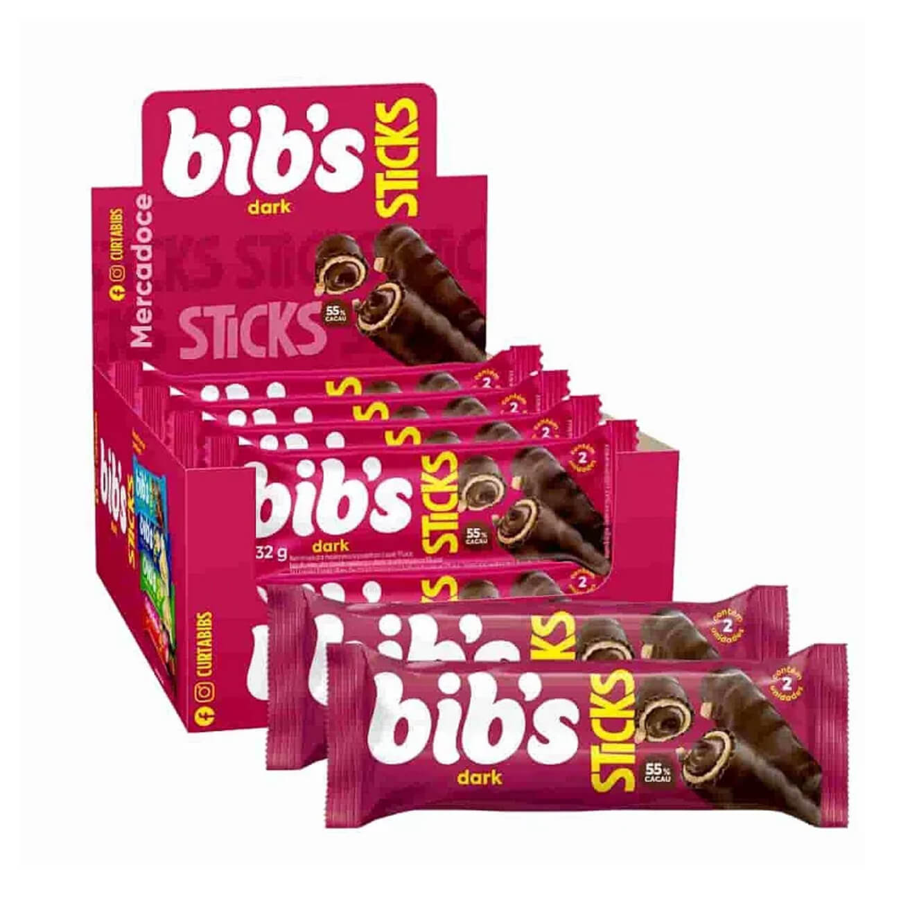 Bibs Sticks Dark 55% Cacau Neuge 32g | Caixa com 16 Unidades