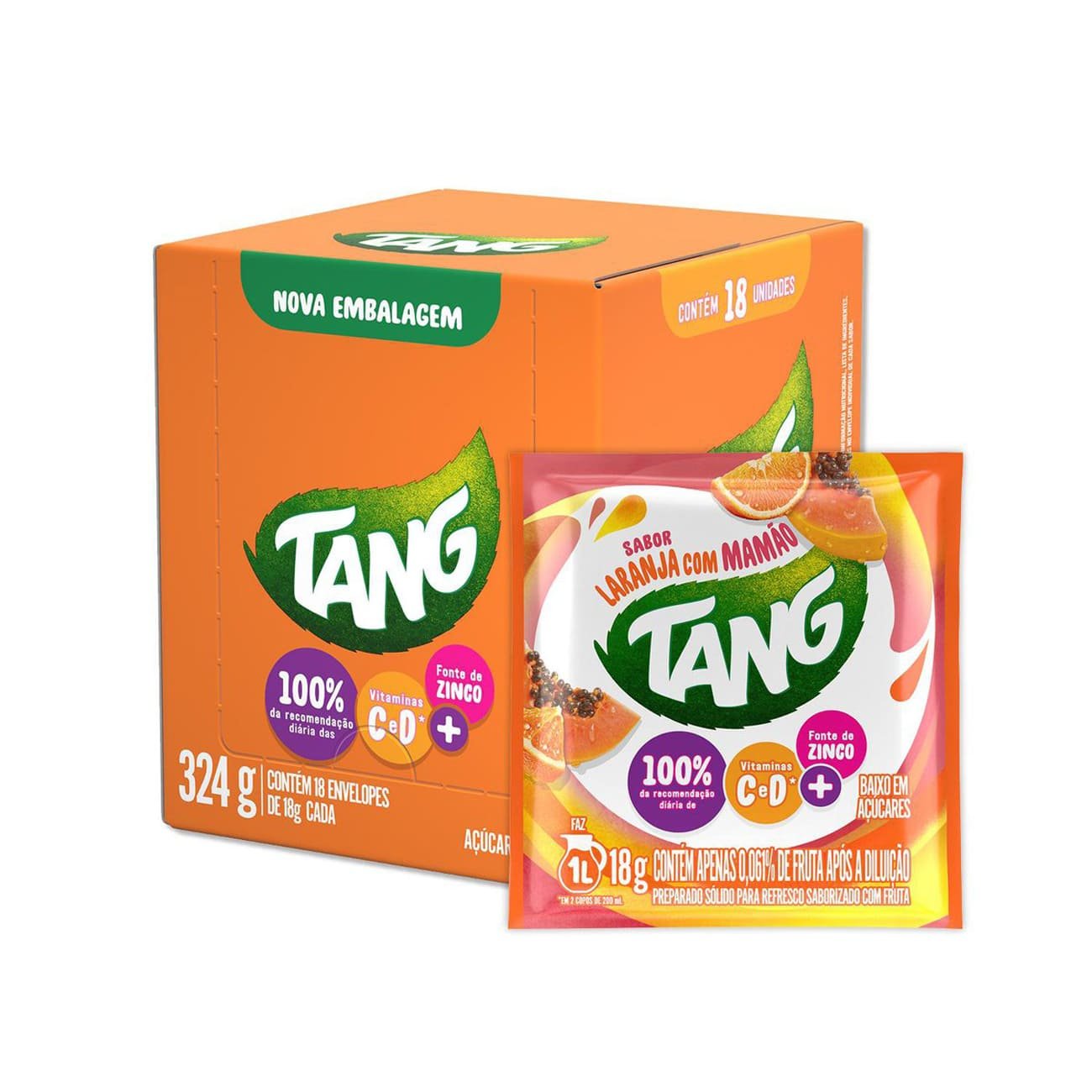 Refresco em P� Tang Laranja com Mam�o 18g | Caixa com 18 unidades
